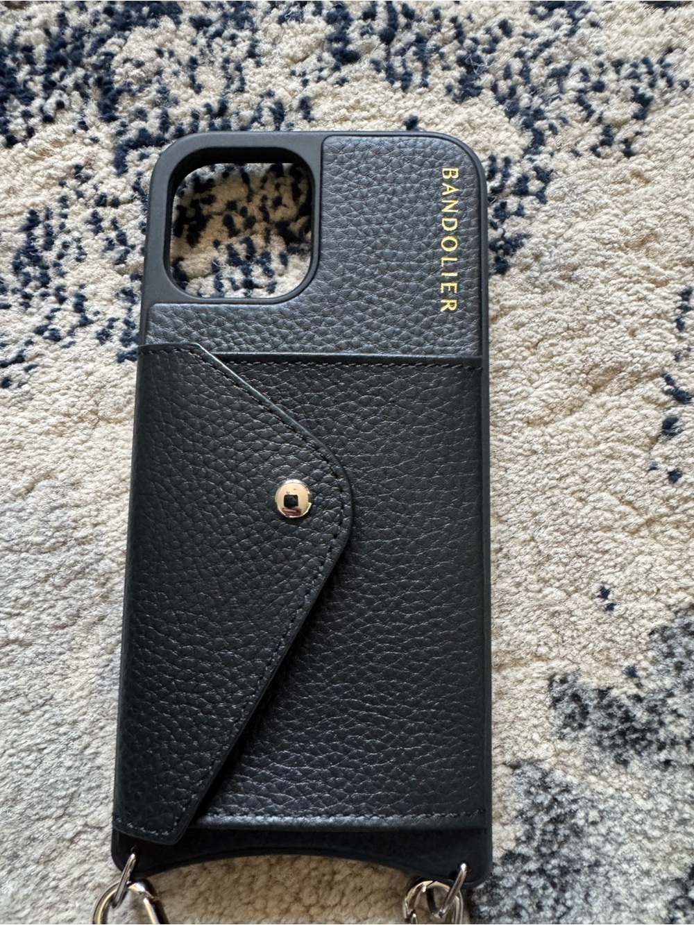 Bandolier Black Leather Card Crossbody Phone Case with Gold Accent